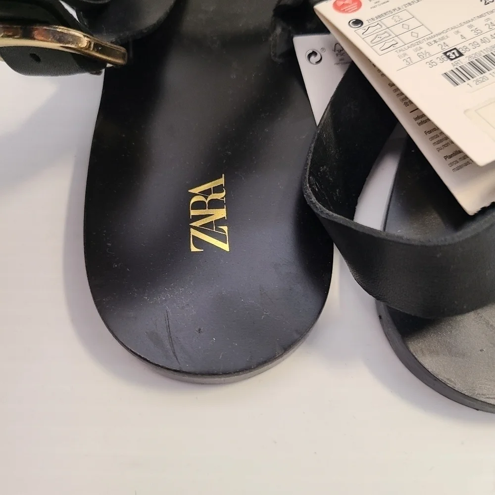 ZARA FLAT LEATHER SLIDER SANDALS WITH MICRO-STUDS BLACK SIZE 6.5 | 2620/110